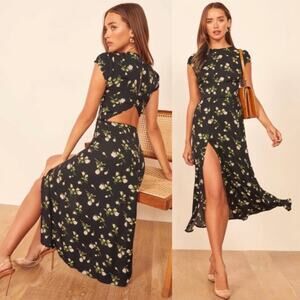 Reformation Gavin Floral Print Midi Dress Cutout Keyhole Back Women Size 4 Black